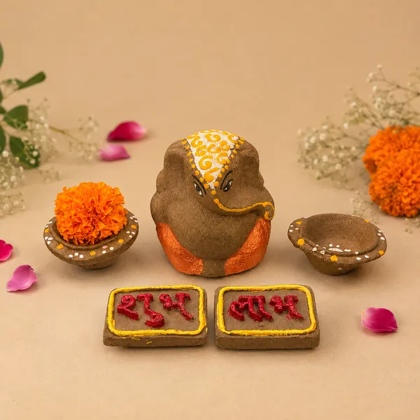 Traditional_Puja_Combo:_Gomay_Ganesh_Ji_4''_+_Cow_Dung_Diya_-_A_Set_Of_12_+_Sticker_Shubh_Labh