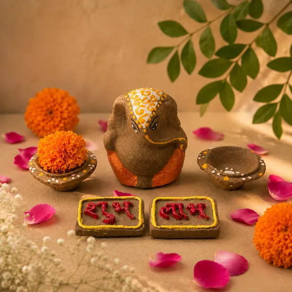 Traditional_Puja_Combo:_Gomay_Ganesh_Ji_4''_+_Cow_Dung_Diya_-_A_Set_Of_12_+_Sticker_Shubh_Labh