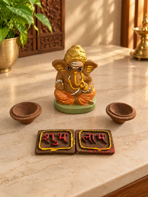 Traditional_Puja_Combo:_Gomay_Ganesh_Ji_4''_+_Cow_Dung_Diya_-_A_Set_Of_12_+_Sticker_Shubh_Labh