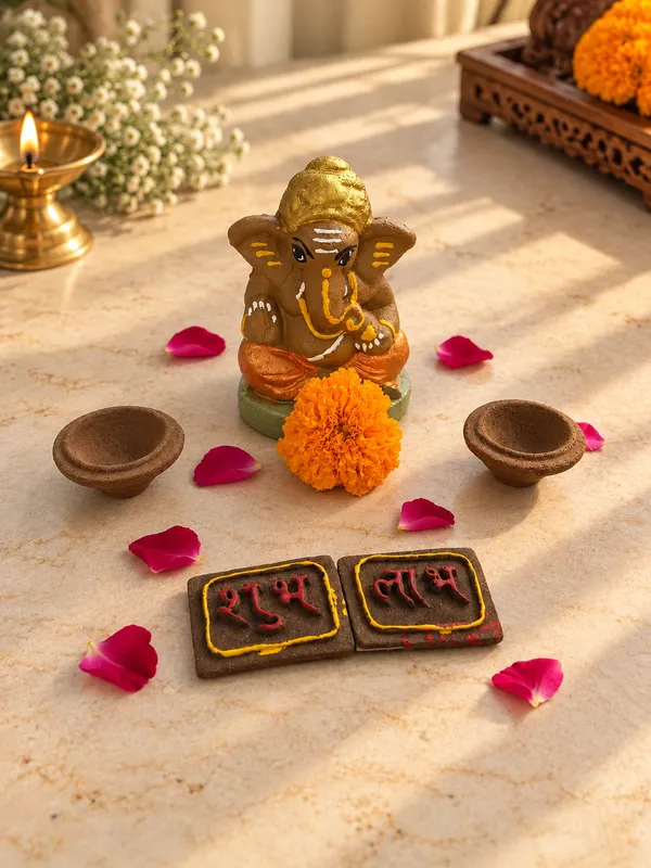 Traditional_Puja_Combo:_Gomay_Ganesh_Ji_4''_+_Cow_Dung_Diya_-_A_Set_Of_12_+_Sticker_Shubh_Labh