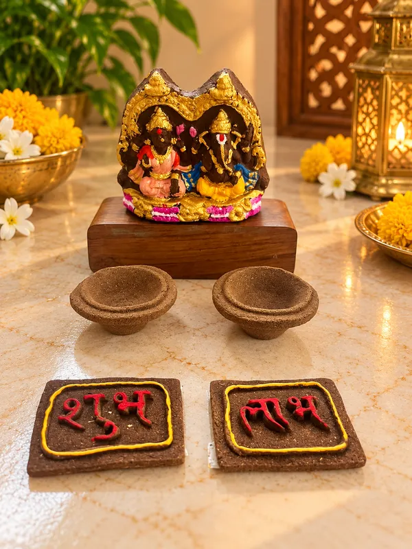 Traditional_Puja_Combo:_Ganesh_jee_,_Laxmi_jee_+_Cow_Dung_Diya_-_A_Set_Of_12_+_Sticker_Shubh_Labh