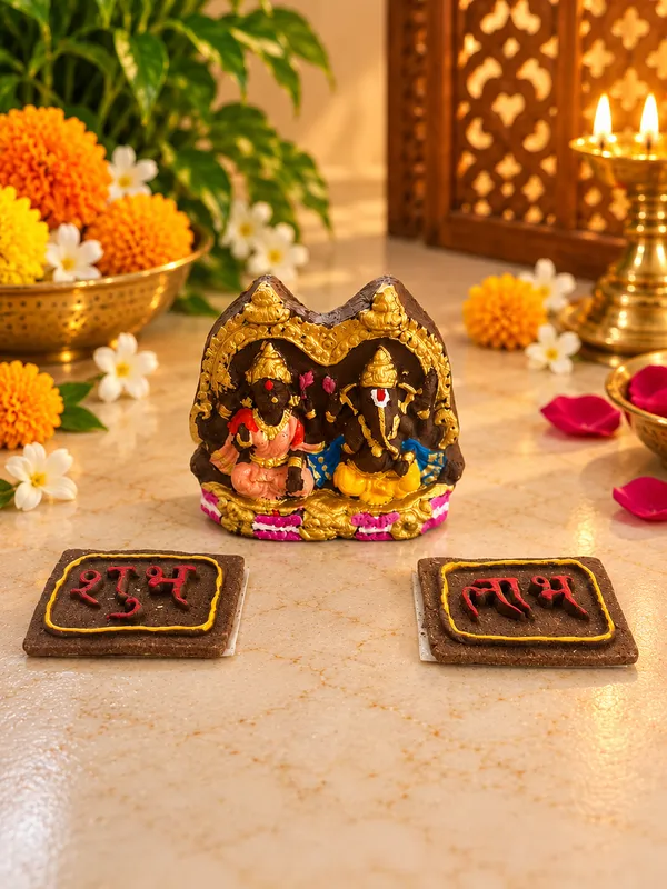 Traditional_Puja_Combo:_Ganesh_jee_,_Laxmi_jee_+_Cow_Dung_Diya_-_A_Set_Of_12_+_Sticker_Shubh_Labh
