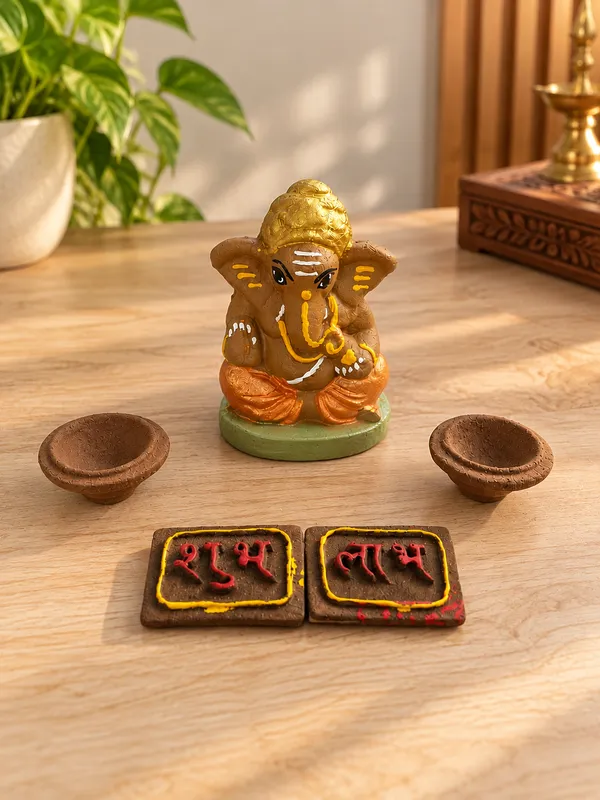 Traditional_Puja_Combo:_Gomay_Ganesh_Ji_4''_+_Cow_Dung_Diya_-_A_Set_Of_12_+_Sticker_Shubh_Labh