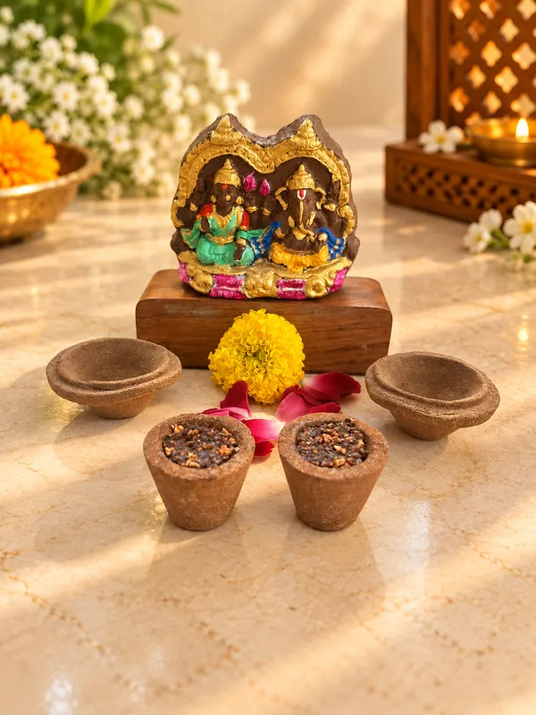Daily_Puja_Starter_2:_Ganesh_jee,_Laxmi_jee_+_Samrani_Hawan_Cups_-Set_Of_12_+_Cowdung_Diya_-A_Set_Of_12