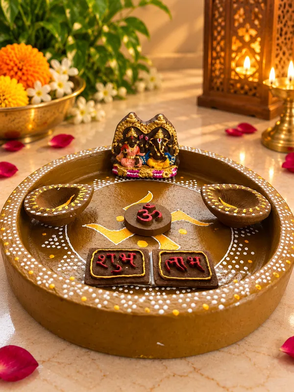 Puja_Essentials_Kit_:_Pooja_Thali_Swastik_+_Ganesh_jee,_Laxmi_jee_+_Design_Deepak_-_Set_Of_6_+_Sticker_Om_+_Sticker_Shubh_Labh_________________
