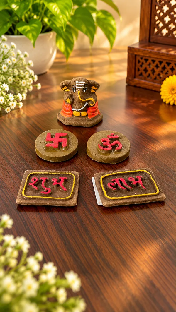 Daily_Puja_Starter_1:_Gomay_Ganesh_Ji_2.5''_+_Stickers_Swastik_+_Sticker_Om_+_Sticker_Shubh_Labh