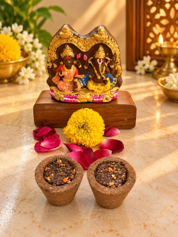 Shubh_Shuruaat_Combo_2_:_Ganesh_jee_,_Laxmi_jee_+_Samrani_Hawan_Cups_-Set_Of_12_+_Design_Deepak_-_Set_Of_6