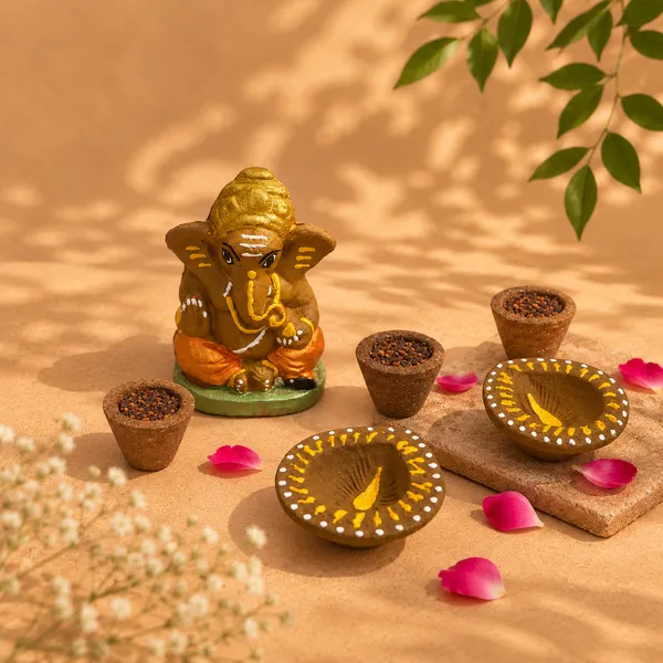 Shubh_Shuruaat_Combo_2_:_Gomay_Ganesh_Ji_4"_+_Samrani_Hawan_Cups_-Set_Of_12_+_Design_Deepak_-_Set_Of_6