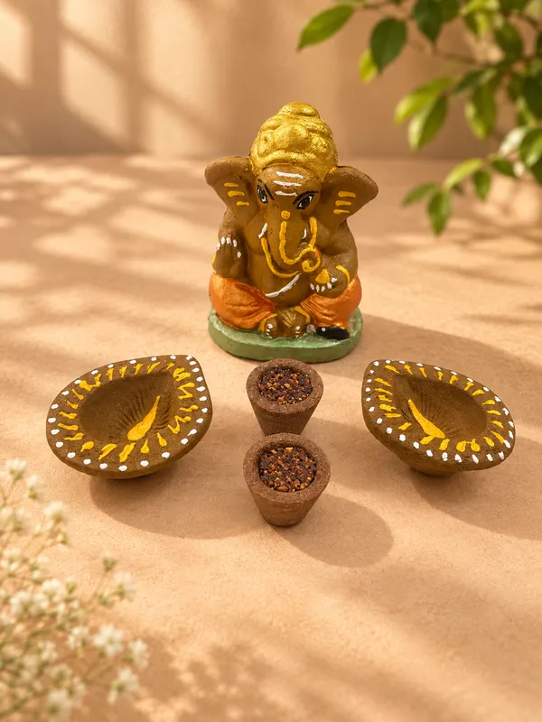 Shubh_Shuruaat_Combo_2_:_Gomay_Ganesh_Ji_4"_+_Samrani_Hawan_Cups_-Set_Of_12_+_Design_Deepak_-_Set_Of_6