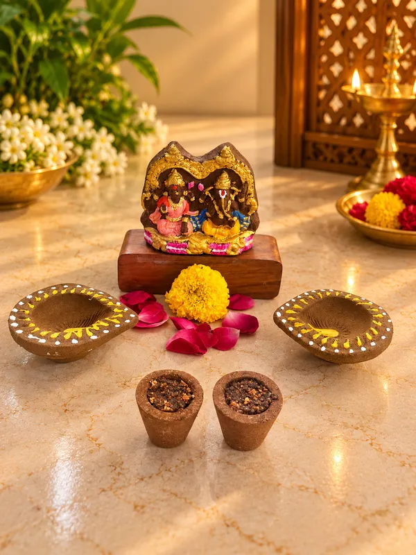 Shubh_Shuruaat_Combo_2_:_Ganesh_jee_,_Laxmi_jee_+_Samrani_Hawan_Cups_-Set_Of_12_+_Design_Deepak_-_Set_Of_6