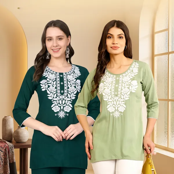 Light_Green_And_Bottle_Green_Viscose_Rayon_Straight_Embroidered_Kurti_For_Women_Set_Of_2