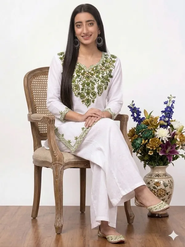 White_with_Green_Embroidery-Kurta_Palazzo_Set