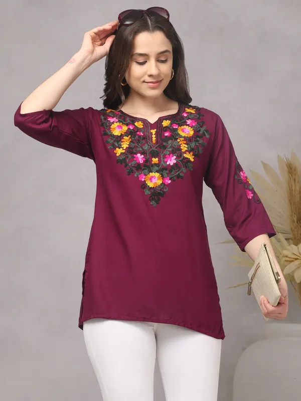 Maroon_Embroidered_Straight_Kurti_for_Women