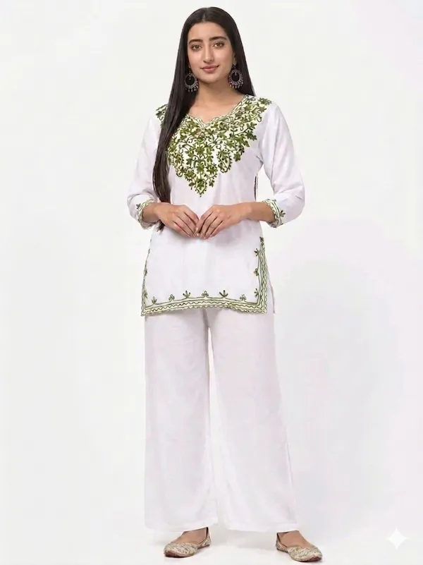White_with_Green_Embroidery-Kurta_Palazzo_Set