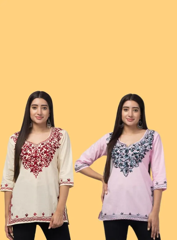 Cream_And_Pink_Viscose_Rayon_Straight_Floral_Kurti_For_Women_Set_Of_2