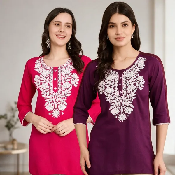 Pink_Viscose_Rayon_Straight_Embroidered_Kurti_For_Women_Set_Of_2