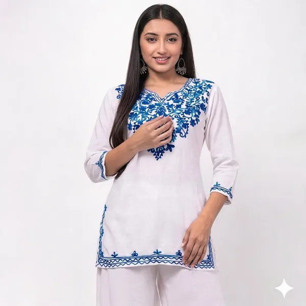 White_And_Blue_Viscose_Rayon_Straight_Embroidered_Kurta_Palazzo_Set_For_Women