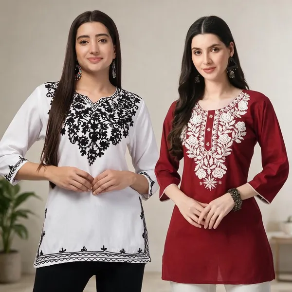 White_And_Maroon_Viscose_Rayon_Straight_Printed_Kurti_For_Women_Set_Of_2
