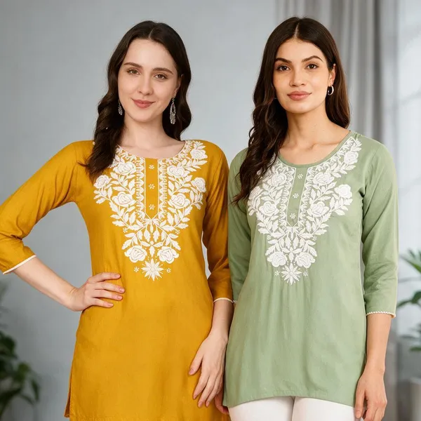 Green_Viscose_Rayon_Straight_Embroidered_Kurti_For_Women_Set_Of_2