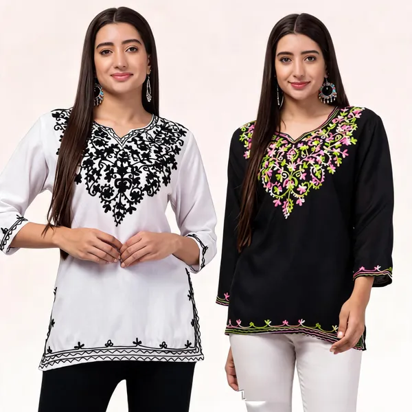 White_And_Black_Viscose_Rayon_Straight_Embroidered_Kurti_For_Women_Set_Of_2