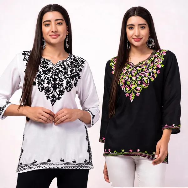 White_And_Black_Viscose_Rayon_Straight_Embroidered_Kurti_For_Women_Set_Of_2