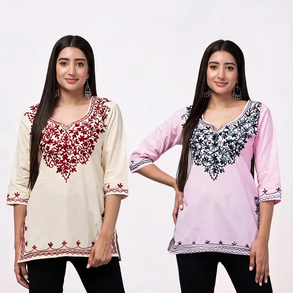 Cream_And_Pink_Viscose_Rayon_Straight_Floral_Kurti_For_Women_Set_Of_2