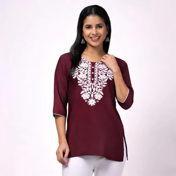 Maroon_Viscose_Rayon_Straight_Embroidered_Kurti_For_Women