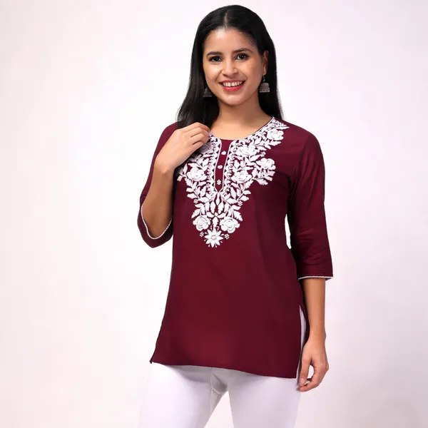 Maroon_Viscose_Rayon_Straight_Embroidered_Kurti_For_Women