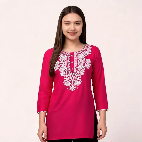 Pink_Viscose_Rayon_Straight_Floral_Embroidered_Kurti_For_Women_Set_Of_2