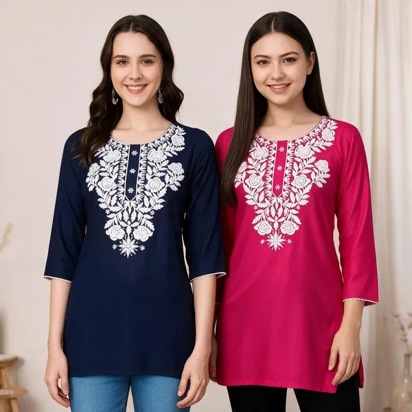 Pink_Viscose_Rayon_Straight_Floral_Embroidered_Kurti_For_Women_Set_Of_2
