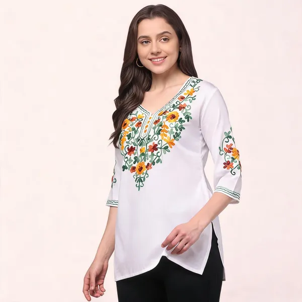 White_Viscose_Rayon_Straight_Embroidered_Short_Kurti_For_Women