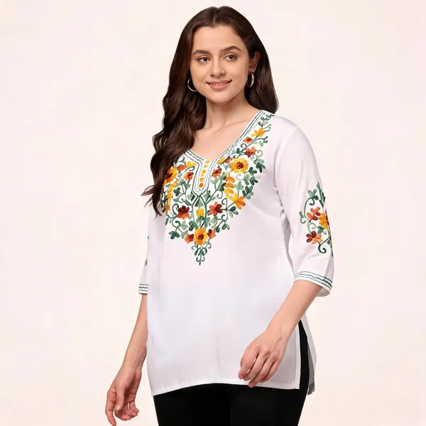 White_Viscose_Rayon_Straight_Embroidered_Short_Kurti_For_Women