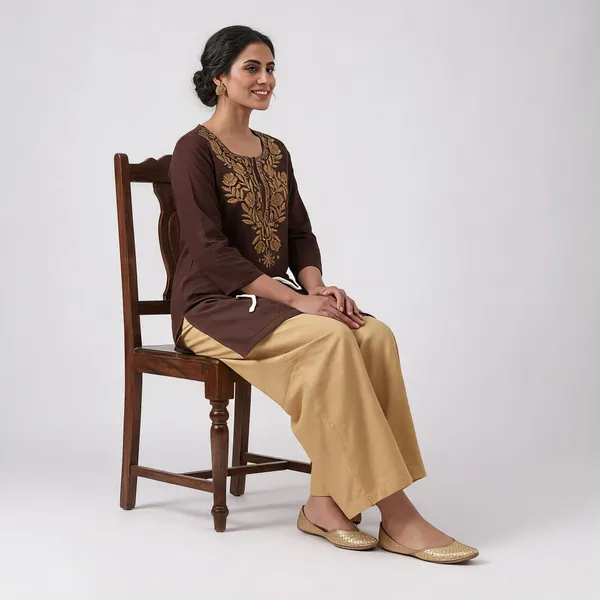 Brown_Gold_Viscose_Rayon_Straight_Kurta_Palazzo_Set_For_Women