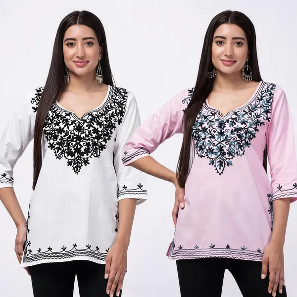 Pink_And_White_Viscose_Rayon_Straight_Embroidered_Kurti_For_Women_Set_Of_2