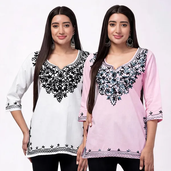 Pink_And_White_Viscose_Rayon_Straight_Embroidered_Kurti_For_Women_Set_Of_2