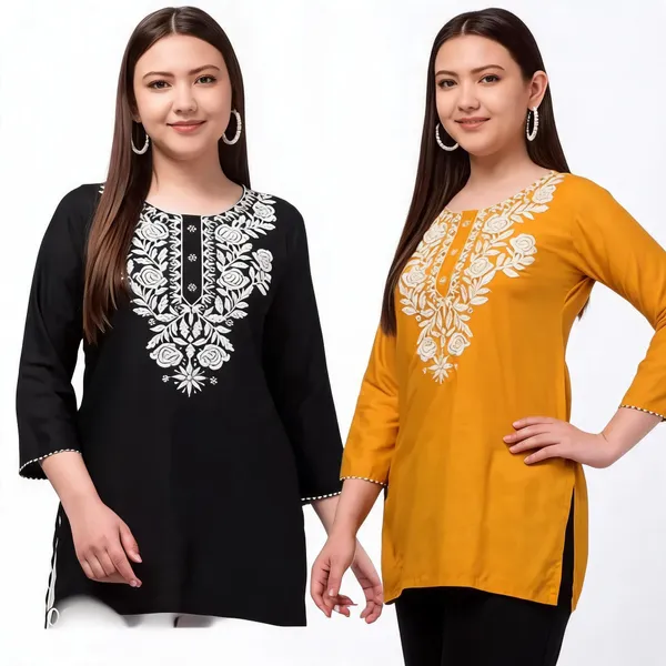 Black_Mustard_Viscose_Rayon_Straight_Kurti_For_Women_Set_Of_2