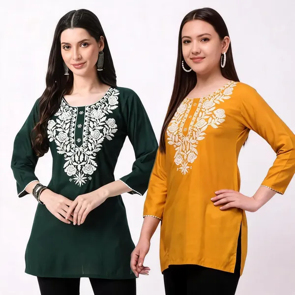 Green_Mustard_Viscose_Rayon_Straight_Kurti_For_Women_Set_Of_2