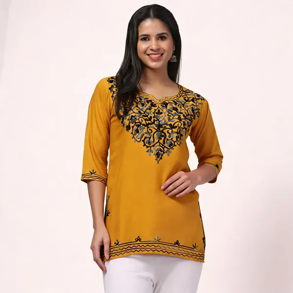 Mustard_Viscose_Rayon_Straight_Kurti_For_Women
