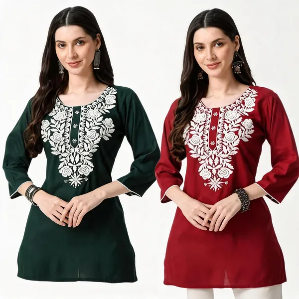 Green_Red_Viscose_Rayon_Straight_Kurti_For_Women_Set_Of_2