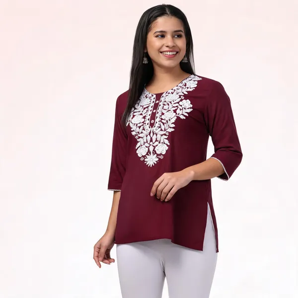 Maroon_Viscose_Rayon_Straight_Kurti_For_Women_Set_Of_2
