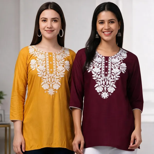 Maroon_Viscose_Rayon_Straight_Kurti_For_Women_Set_Of_2