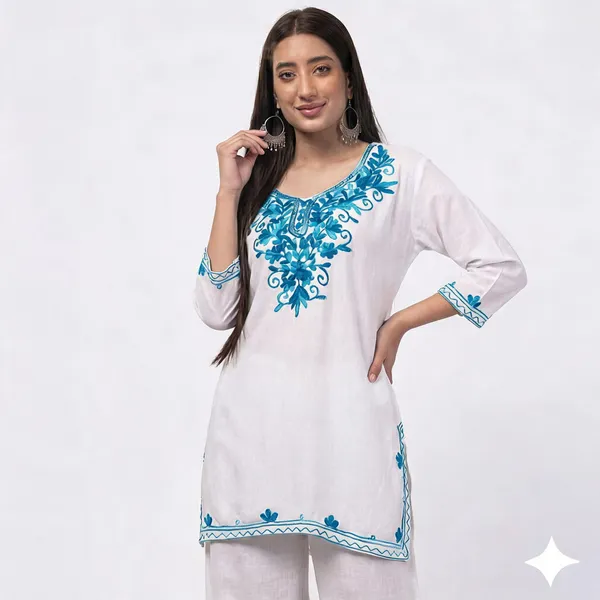White_Blue_Embroidery_Viscose_Rayon_Straight_Kurta_Palazzo_Set_For_Women