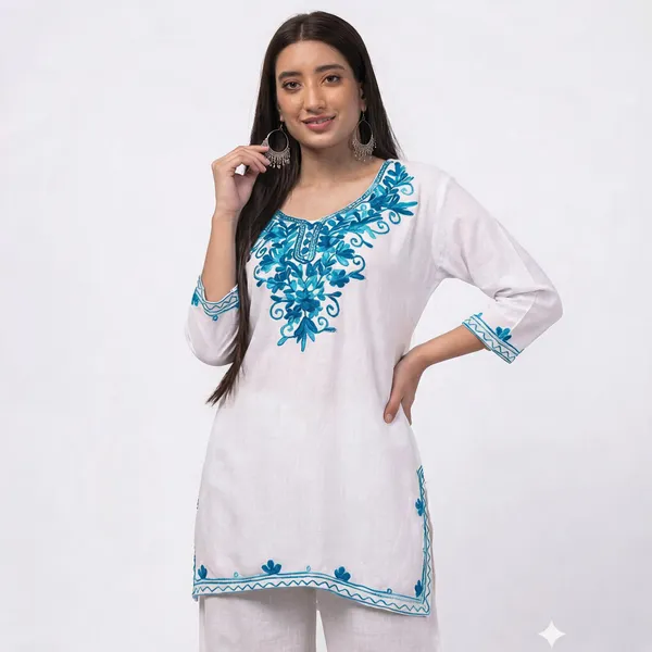 White_Blue_Embroidery_Viscose_Rayon_Straight_Kurta_Palazzo_Set_For_Women