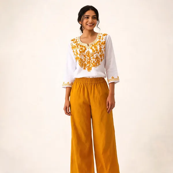 White_Mustard_Viscose_Rayon_Straight_Kurta_Palazzo_Set_For_Women