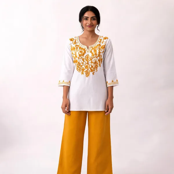 White_Mustard_Viscose_Rayon_Straight_Kurta_Palazzo_Set_For_Women