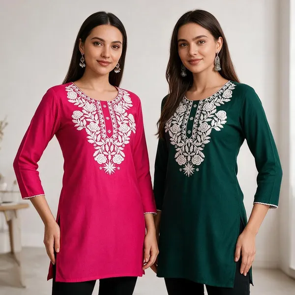 Pink_Green_Viscose_Rayon_Straight_Kurti_For_Women_Set_Of_2
