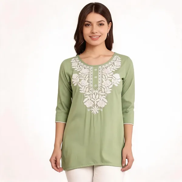 Light_Green_And_Bottle_Green_Viscose_Rayon_Straight_Embroidered_Kurti_For_Women_Set_Of_2