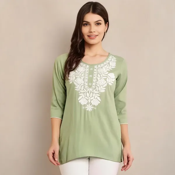 Light_Green_And_Bottle_Green_Viscose_Rayon_Straight_Embroidered_Kurti_For_Women_Set_Of_2
