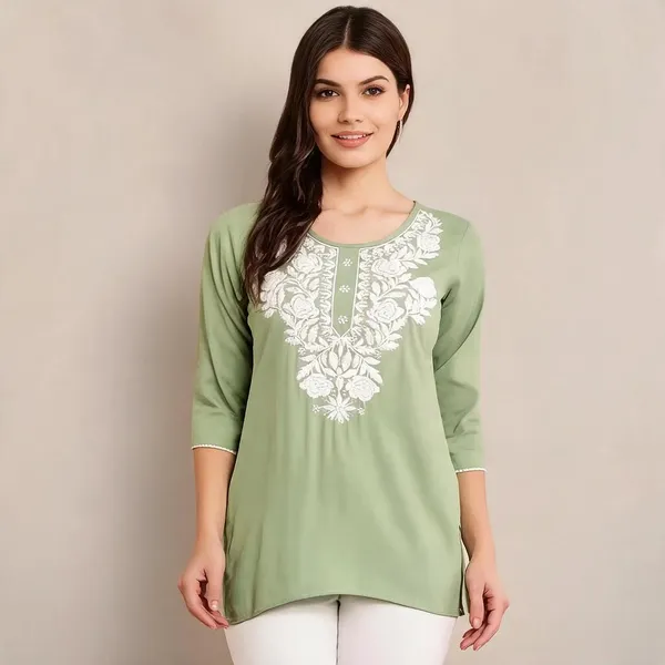 Light_Green_And_Bottle_Green_Viscose_Rayon_Straight_Embroidered_Kurti_For_Women_Set_Of_2
