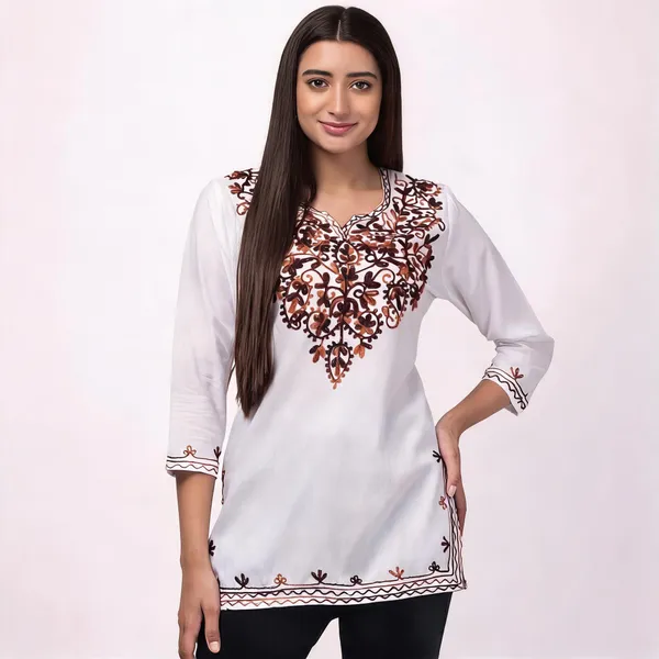 White_Brown_Viscose_Rayon_Straight_Kurti_For_Women